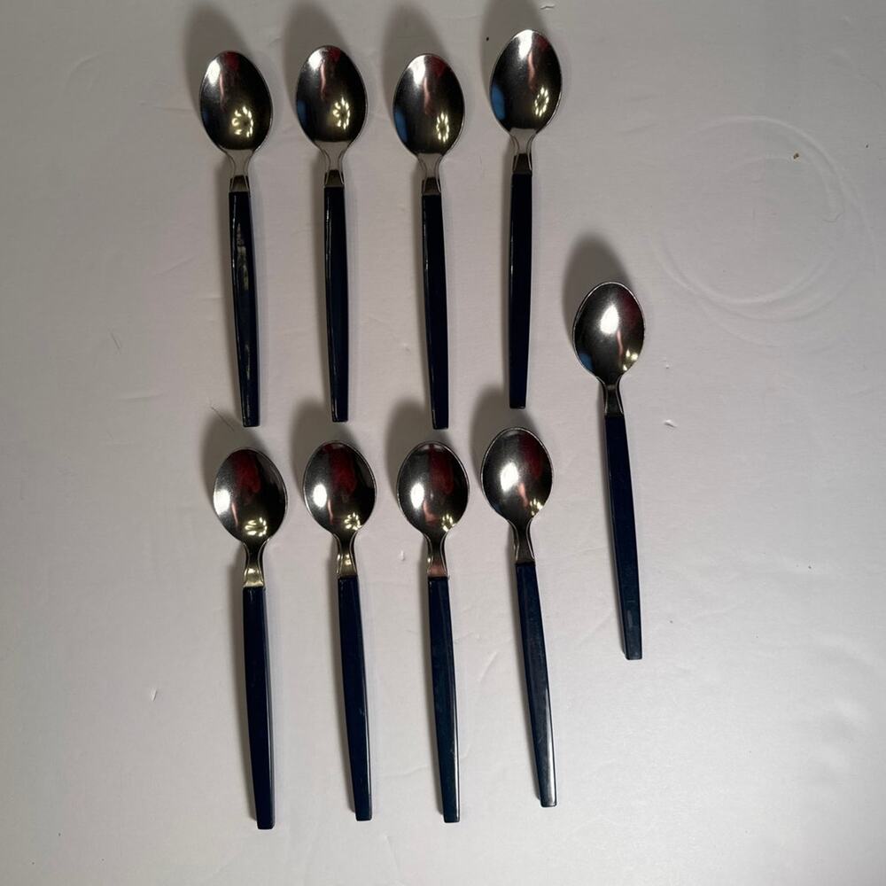 Set of 9 VTG MCM Stainless China Blue Plastic Handle 6" Childs Spoon Silverware